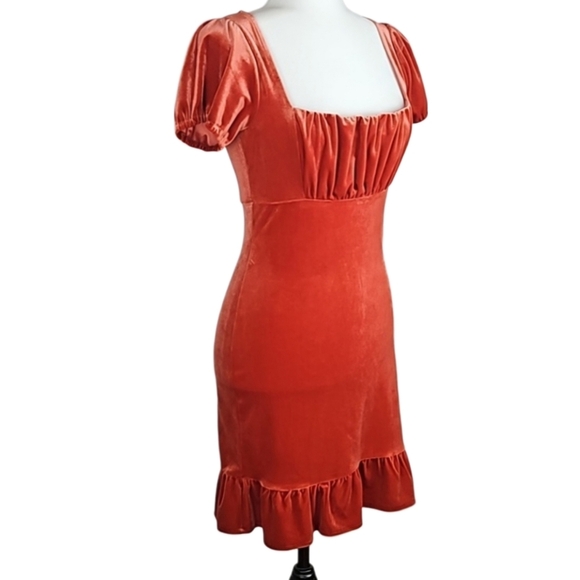 Retro Orange Velour Ruffle Trim Dress - Picture 9 of 9